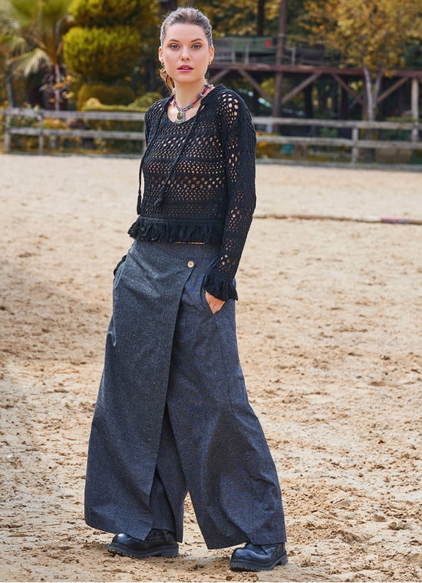 Gray Women's Bohemian Trousers with Pockets and Asymmetrical Cut and Button Detail 4706