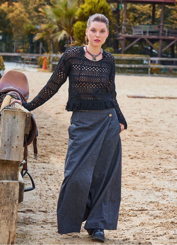 Gray Women's Bohemian Trousers with Pockets and Asymmetrical Cut and Button Detail 4706