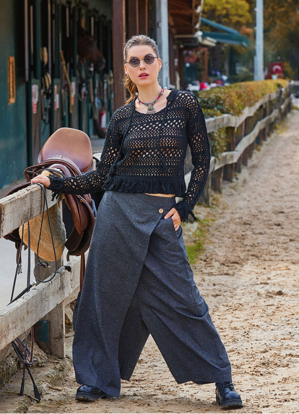 Gray Women's Bohemian Trousers with Pockets and Asymmetrical Cut and Button Detail 4706