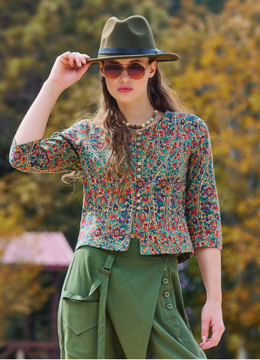Crew Neck Half Sleeve Button Detailed Green Floral Blouse 4782