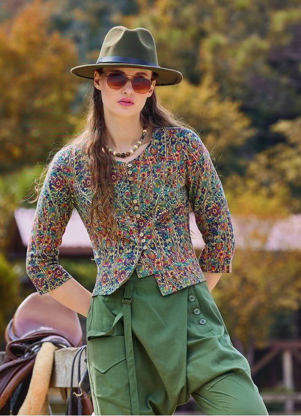Crew Neck Half Sleeve Button Detailed Green Floral Blouse 4782