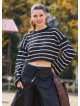 Crew Neck Black Striped Above Waist Womens Sweater 4748