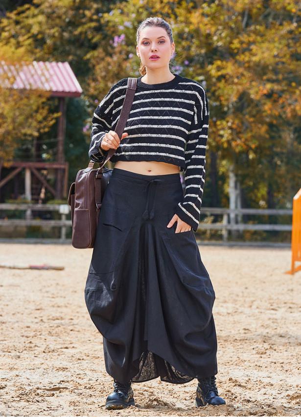 Black Asymmetrical Skirt with Pocket and Tie Waist 4684