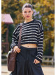 Crew Neck Black Striped Above Waist Womens Sweater 4748