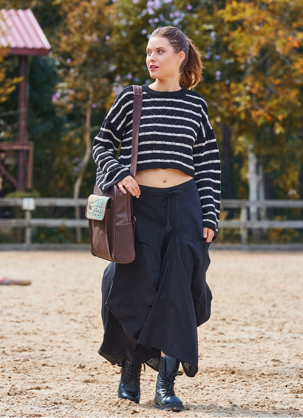 Black Asymmetrical Skirt with Pocket and Tie Waist 4684