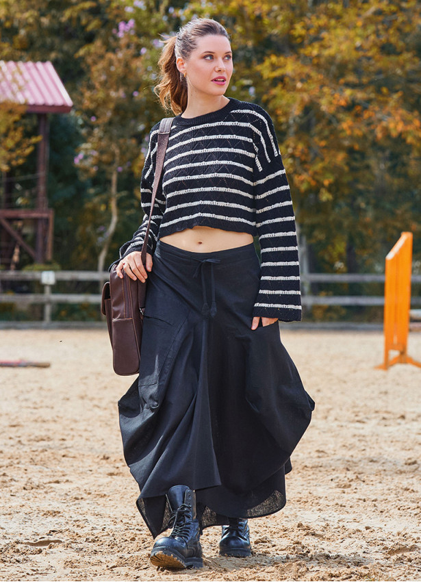 Black Asymmetrical Skirt with Pocket and Tie Waist 4684