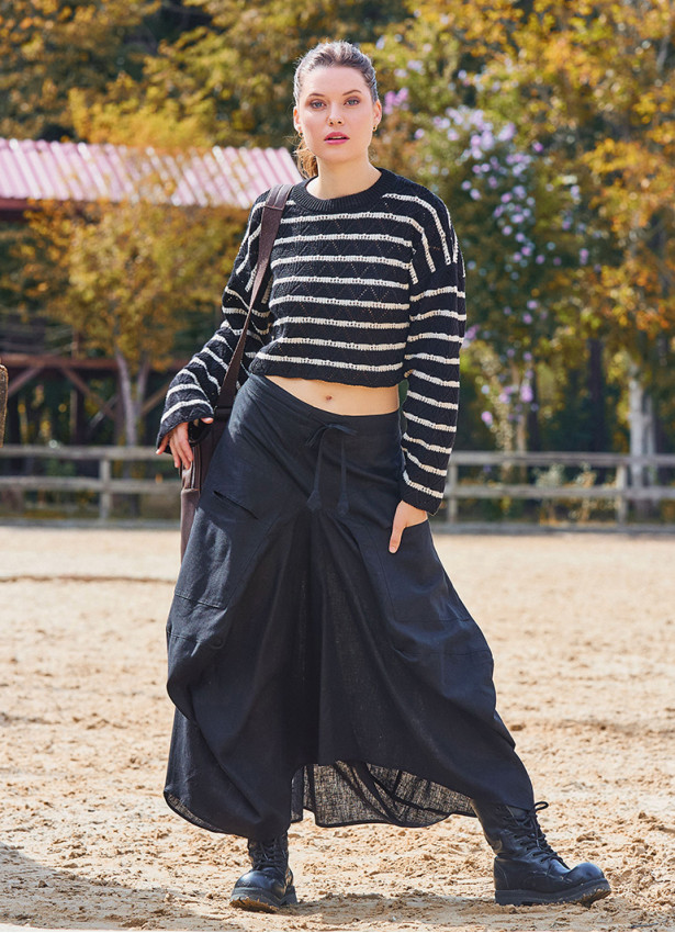 Black Asymmetrical Skirt with Pocket and Tie Waist 4684