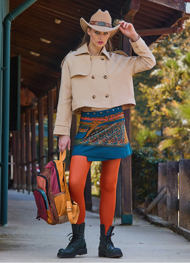 Snap Closure Pocket Patchwork Wrapped Petrol Floral Skirt 4687