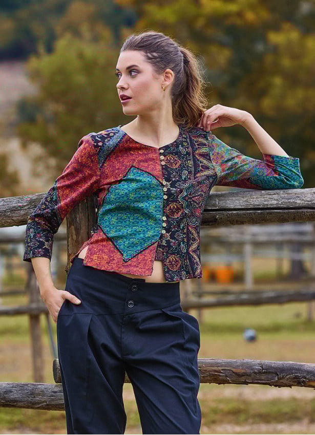 Crew Neck Half Sleeve Button Detailed Black Authentic Blouse 4786