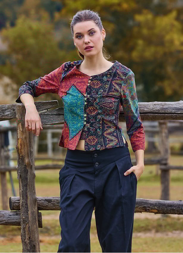 Crew Neck Half Sleeve Button Detailed Black Authentic Blouse 4786