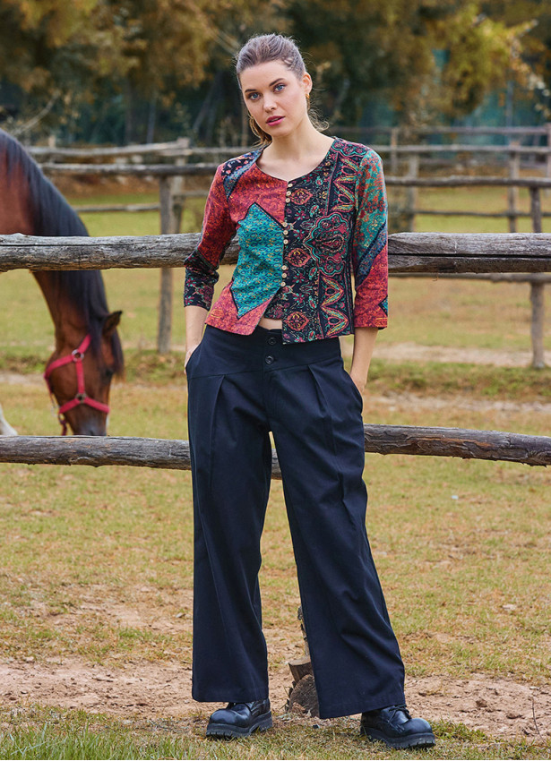 Pleated Bias Cut Buttoned Black Bohemian Trousers 4466