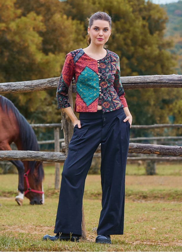 Pleated Bias Cut Buttoned Black Bohemian Trousers 4466