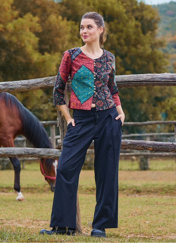 Pleated Bias Cut Buttoned Black Bohemian Trousers 4466