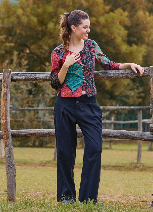 Pleated Bias Cut Buttoned Black Bohemian Trousers 4466