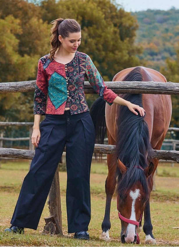 Pleated Bias Cut Buttoned Black Bohemian Trousers 4466