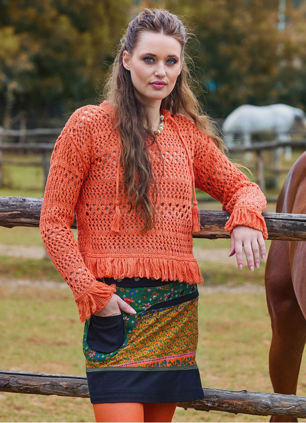 Crew Neck Tasseled Orange Winter Blouse 4744
