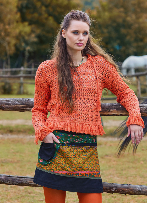 Crew Neck Tasseled Orange Winter Blouse 4744
