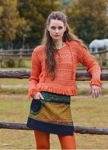 Crew Neck Tasseled Orange Winter Blouse 4744