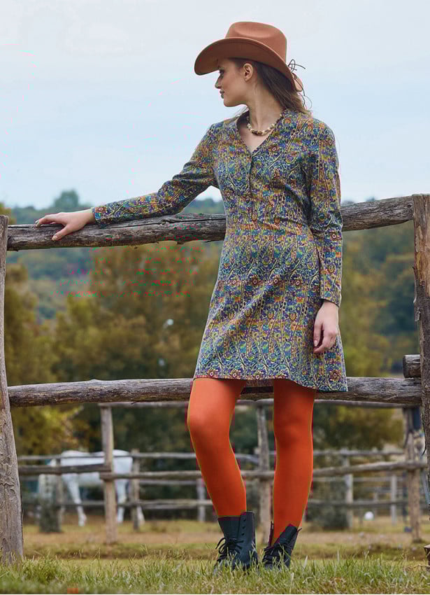 Grandad Collar Button Detailed Tie-Up Petrol Floral Dress 4728