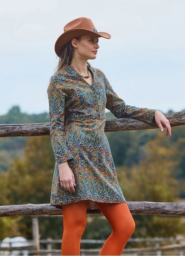 Grandad Collar Button Detailed Tie-Up Petrol Floral Dress 4728