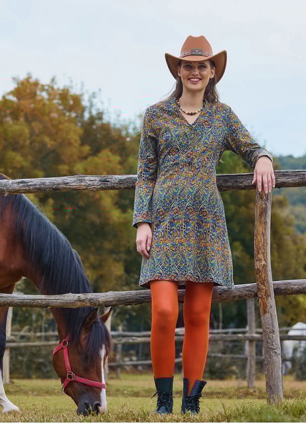 Grandad Collar Button Detailed Tie-Up Petrol Floral Dress 4728