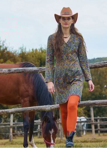 Grandad Collar Button Detailed Tie-Up Petrol Floral Dress 4728