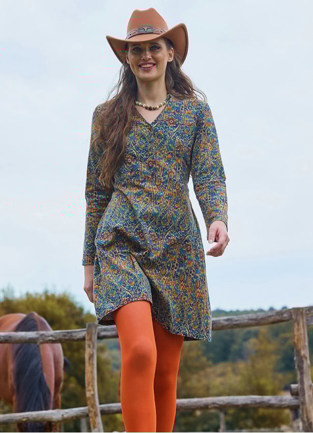Grandad Collar Button Detailed Tie-Up Petrol Floral Dress 4728