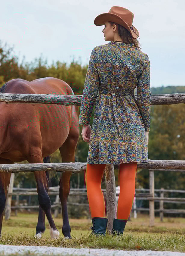 Grandad Collar Button Detailed Tie-Up Petrol Floral Dress 4728