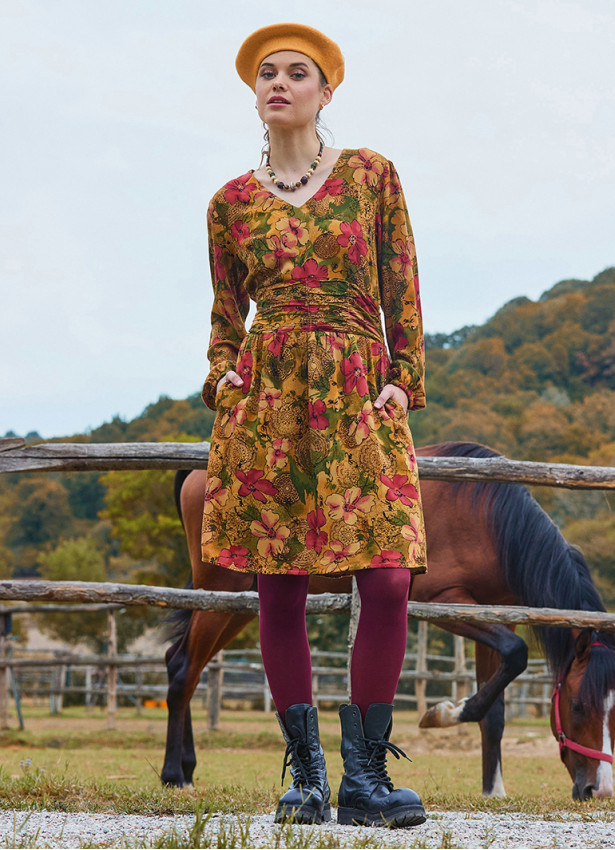 V Neck Draped Belt Detailed Beige Floral Dress 4702