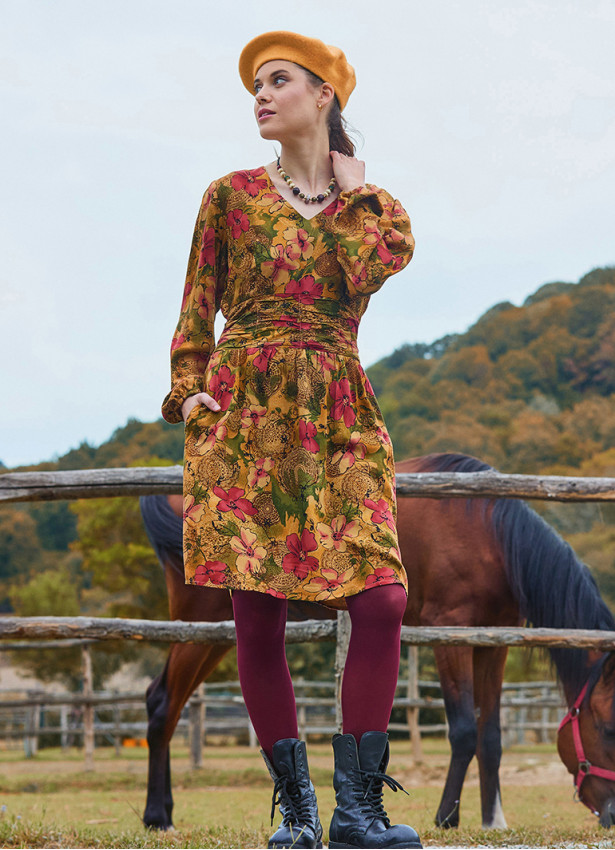 V Neck Draped Belt Detailed Beige Floral Dress 4702
