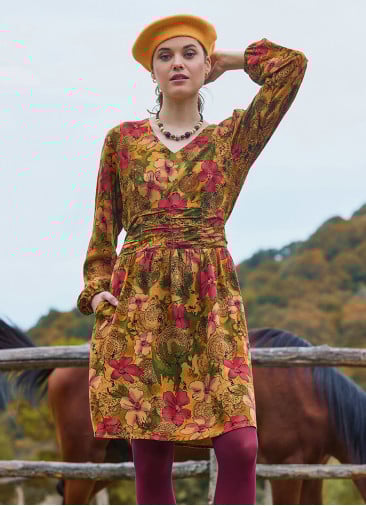 V Neck Draped Belt Detailed Beige Floral Dress 4702