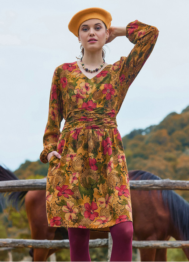 V Neck Draped Belt Detailed Beige Floral Dress 4702