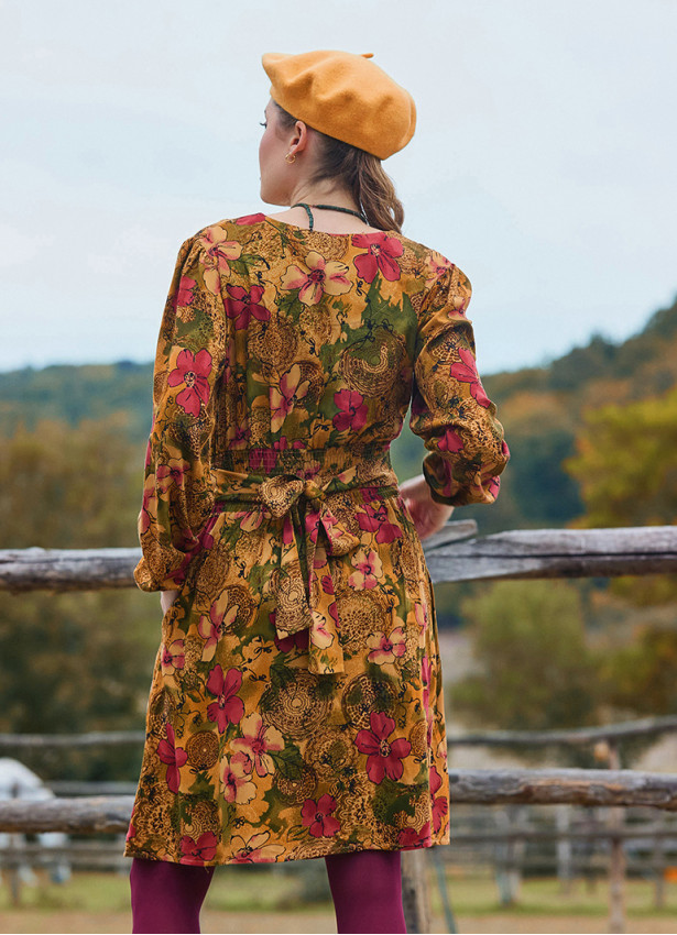V Neck Draped Belt Detailed Beige Floral Dress 4702