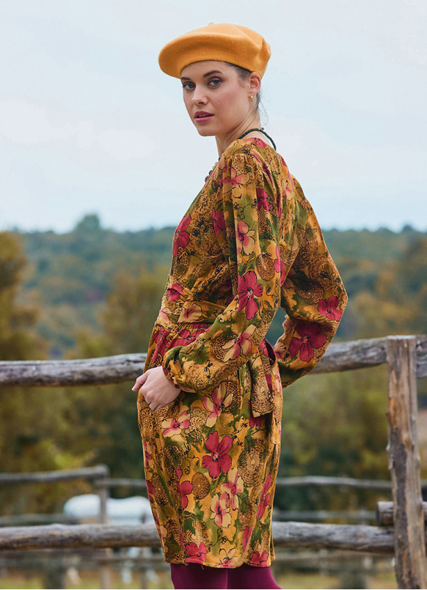 V Neck Draped Belt Detailed Beige Floral Dress 4702