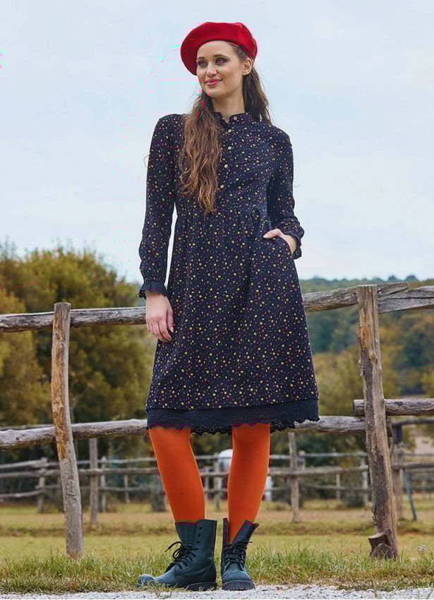 Black Flannel Dress with a Judge Collar and Elastic Waist and Lace 4732
