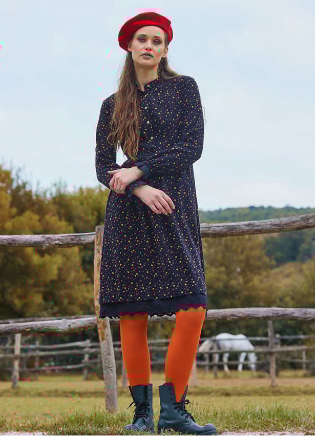 Black Flannel Dress with a Judge Collar and Elastic Waist and Lace 4732