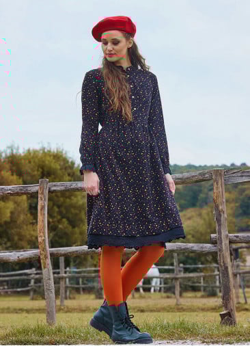Black Flannel Dress with a Judge Collar and Elastic Waist and Lace 4732