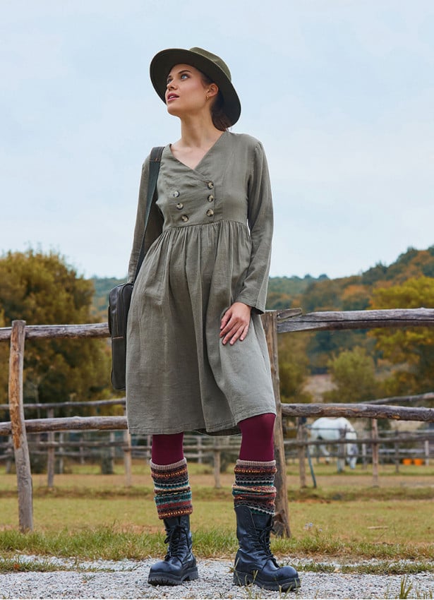 V Neck Button Detailed Zippered Khaki Winter Dress 4740