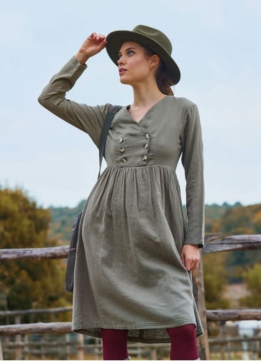 V Neck Button Detailed Zippered Khaki Winter Dress 4740