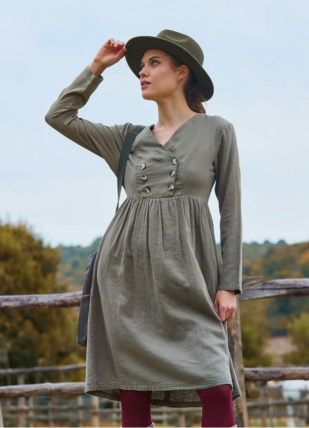 V Neck Button Detailed Zippered Khaki Winter Dress 4740