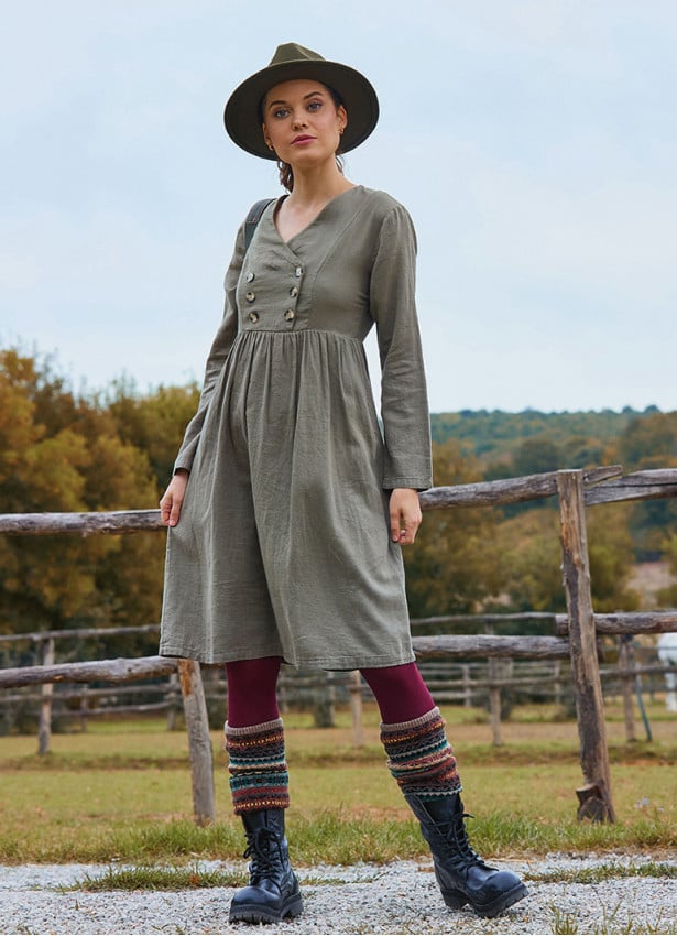 V Neck Button Detailed Zippered Khaki Winter Dress 4740