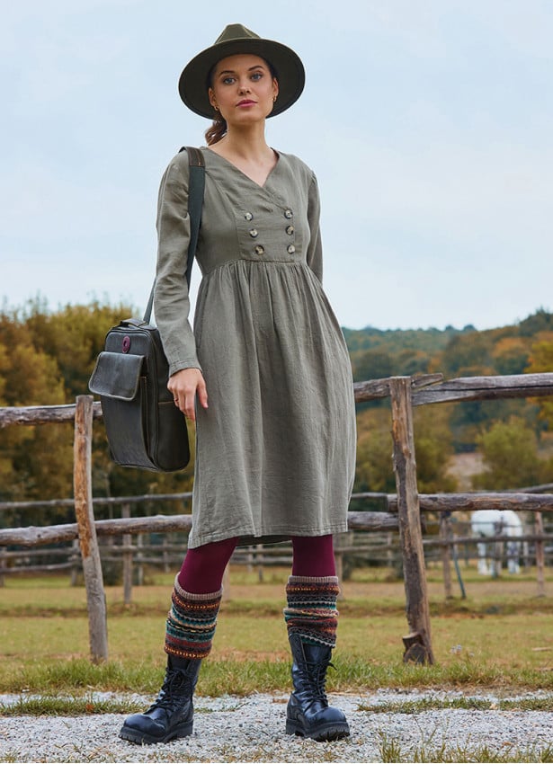 V Neck Button Detailed Zippered Khaki Winter Dress 4740