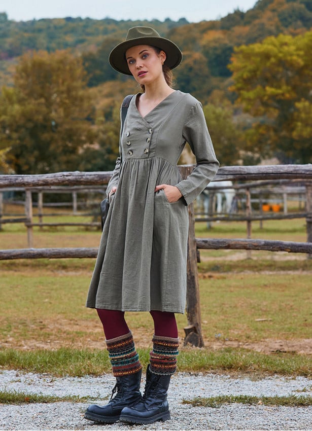V Neck Button Detailed Zippered Khaki Winter Dress 4740