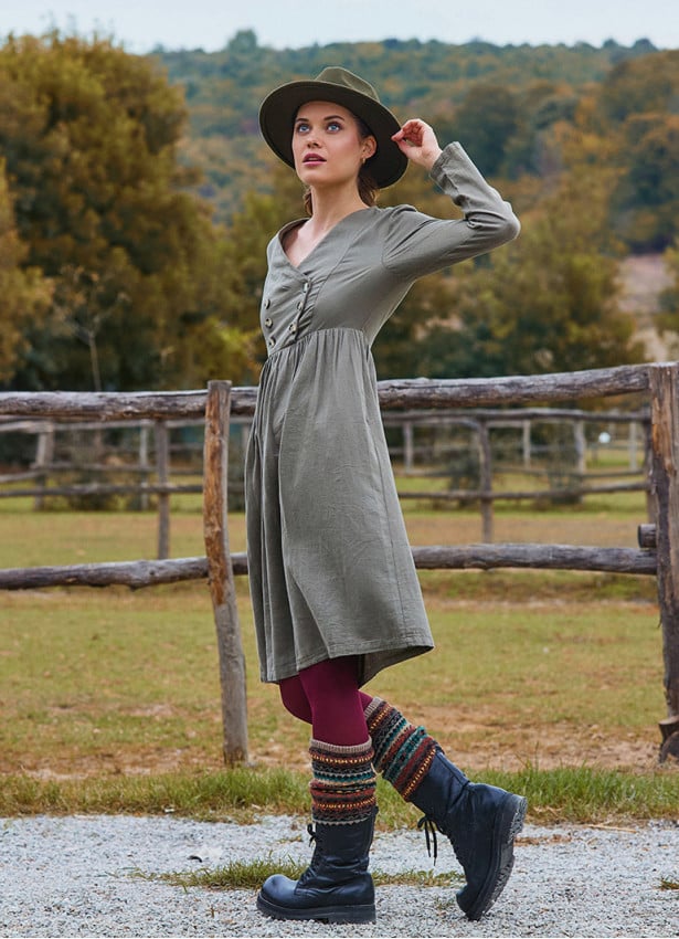 V Neck Button Detailed Zippered Khaki Winter Dress 4740