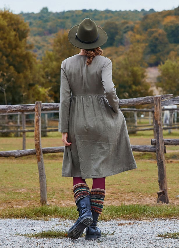 V Neck Button Detailed Zippered Khaki Winter Dress 4740