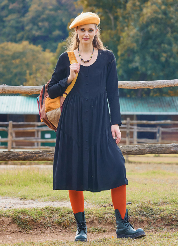 Crew Neck Button Detailed Black Long Sleeve Dress 4787