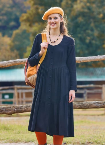 Crew Neck Button Detailed Black Long Sleeve Dress 4787