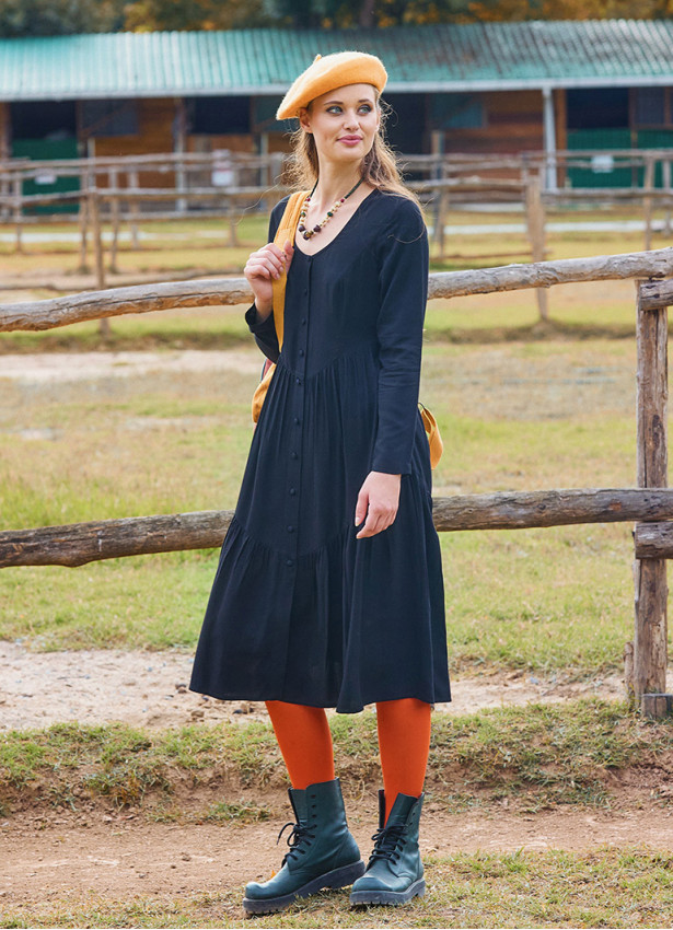 Crew Neck Button Detailed Black Long Sleeve Dress 4787