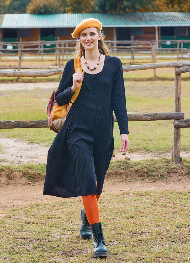 Crew Neck Button Detailed Black Long Sleeve Dress 4787