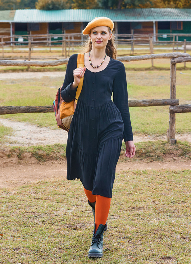 Crew Neck Button Detailed Black Long Sleeve Dress 4787